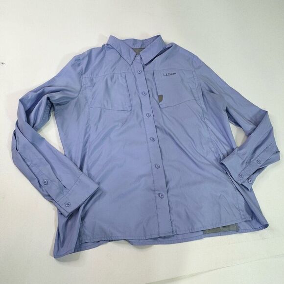 L.L.Bean Top Womens XL Blue Solid Long-Sleeve Pointed Collar Button-Down Shirt C - Picture 1 of 8